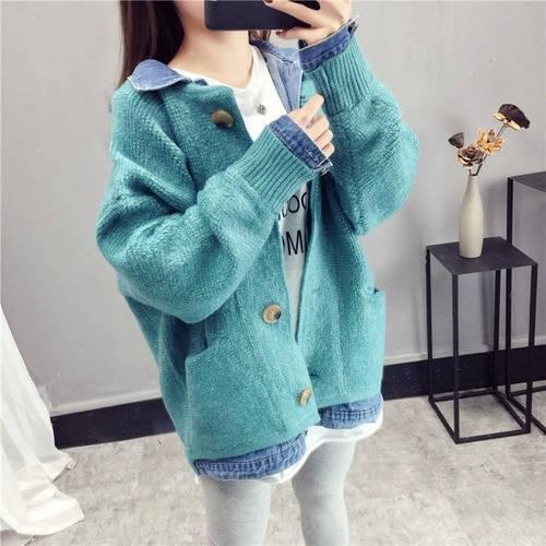 Woman Sweaters Cardigan Spring Denim Patchwork Knitting Cardigan Pocket Loose-Fitting Long Sleeve Sweater Coat Sueters De Mujer