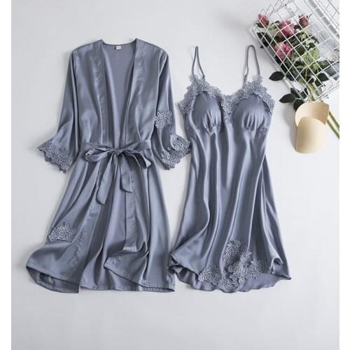 2PCS Pajamas Sleep Set Robe Gray Women Sleepshirts Suit Sexy Bathrobe V-Neck Lace Folwer Nightwear Gown Sleepwear Strap Homewear