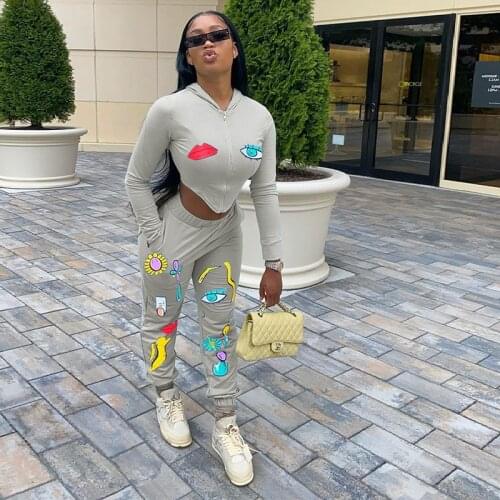 2021 Fall/winter Hooded Long Sleeve Sweater Leggings Personalized Lip Print Ladies Casual Sports Zipper Sweater Two-Piece Set