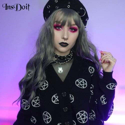 InsDoit Gothic Vintage Pentagram Print Button Outerwear Women Harajuku Black Long Sleeve Jacket Punk Streetwear Autumn Crop Coat