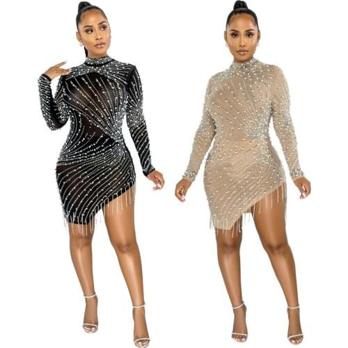 Sexy Bodycon Mini Dress - Women Sequins Tassels Mock Neck Party Night Club Pencil Dresses Birthday See Through Outfits