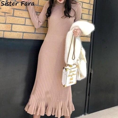 Sister Fara Autumn Winter O-Neck Sweater Dress Womens Elegant Long Sleeve Slim Mermaid Dress Solid Ladies Ankle-Length Dresses