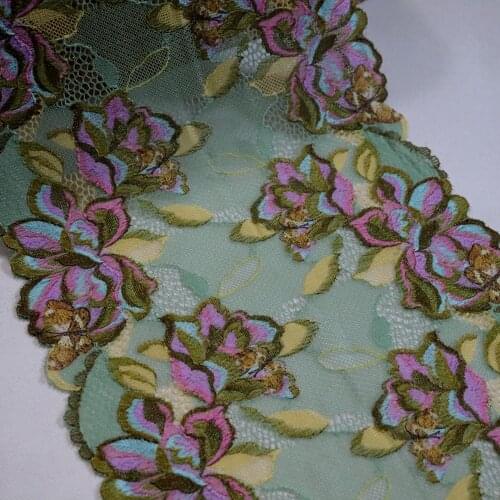 2 Yards 21 CM Wide Red Blue Flowers Printed Stretch Elastic Lace Trim Green For Lingerie Bra Sewing Underwear Fabric Accessories