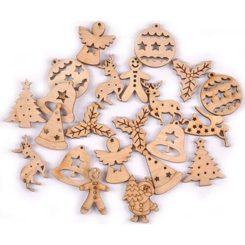 20Pcs Mixed Christmas Pattern Wood Slices Hanging Ornaments For Xmas Tree Decorations Wooden Crafts Kids DIY Home Decor M2209