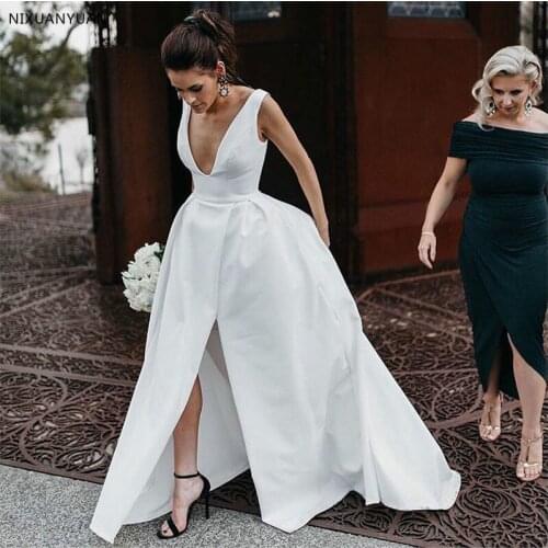 Satin Wedding Dresses V Neck Bride Dresses Buttons Vestido de novia Boho Elegant Wedding Gown For Women Custom Made