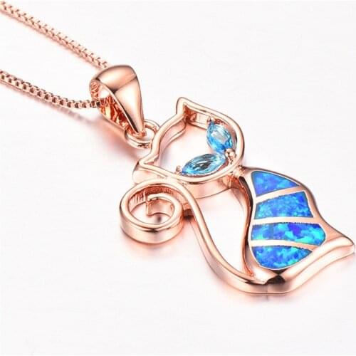 White Blue Opal Classic Small Cat Pendant Necklaces For Women Animal Jewelry Vintage Black Rose Gold Silver Color Chain Necklace