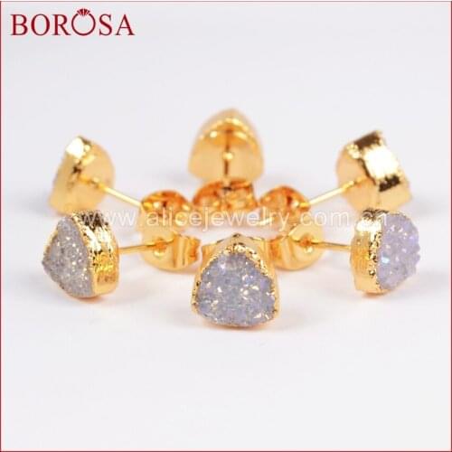 BOROSA 8mm Gold Color Triangle Crystal Titanium druzy Stud Earrings electroplated AB color druzy Earring Fashion Jewelry G0682