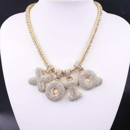 Hip hop 1 row necklace tennis chain with bubble initials letters charms pendant mens women jewelry gold silver color bling gift