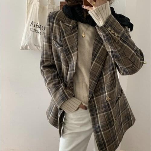 HziriP OL Elegant Vintage Thick Plaid Woolen Blazer Jacket New Autumn Winter Minimalist Notched Women Blazers Loose Suit Coat