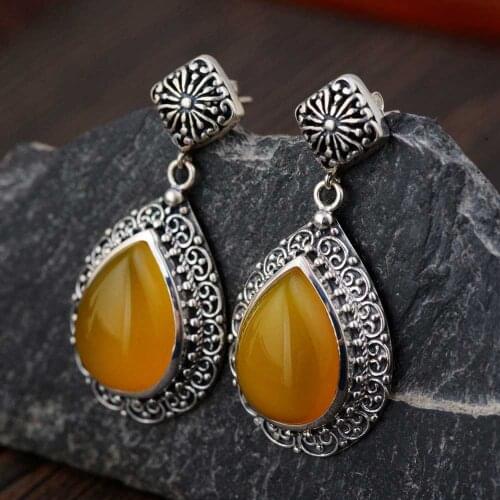 FNJ 925 Silver Drop Earrings for Women Jewelry Yellow Chalcedony Black Stone 100% S925 Sterling Silver boucle d'oreille Earring
