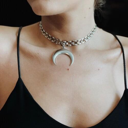 GULCE DERELI, CRESCENT SYMBOL CHARM NECKLACE CHOKER, VINTAGE CHAIN NECKLACE CHOKER, NEW PRODUCT, GIFT BOX, GOLD/SILVER PLATED