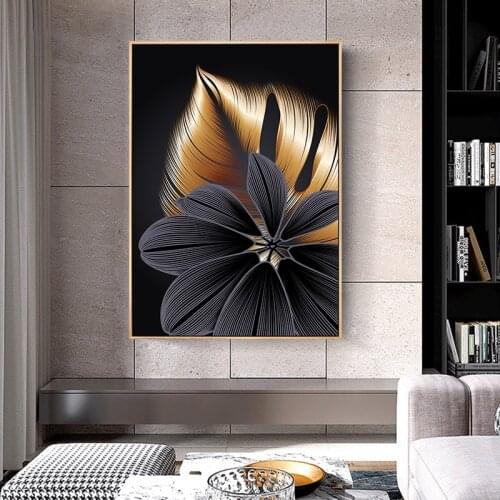 Black gold plant leaf diamond painting modern home decoration abstract wall art rhinestone embroidery painting Nordic living roo