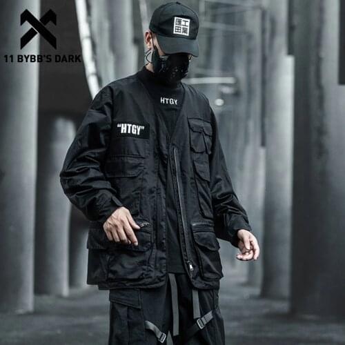 11 BYBBS DARK Hip Hop Streetwear Jackets Men Autumn Multi Pocket Dark Tactical Function Jacket Harajuku Hoody Windbreaker Coats