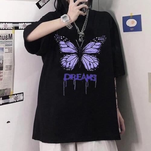 Summer Gothic Aesthetics Loose Ladies T-shirt Purple Butterfly Print Street Style Ladies Top T-shirt Harajuku Clothes Y2K