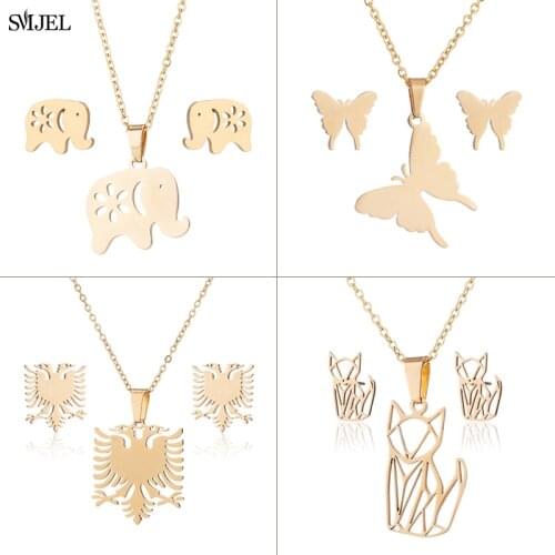 Stainless Steel Animal Jewellery Sets For Women Cute Eagle Elephant Origami Cat Necklace Butterfly Studs boucle oreille femme