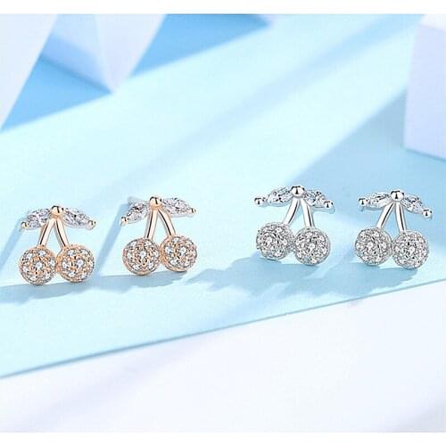 New Arrival Zircon Cherry Stud Earrings For Women Jewelry Rose Gold Bright Lady 925 Silver Earring Female Piercing Accessories