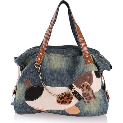 New Fashion Vintage Dog Applique Solid Jean Denim Women Ladys HandBags Shoulder Tote carteira bolsa feminina Free Shipping