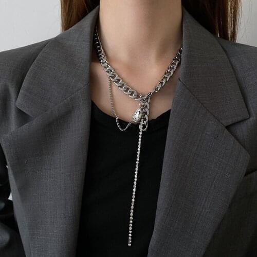 Punk Style Heavy Metal Chain Choker Necklaces for Women Long Tassel Rhinestone Crystal Pendant Necklaces High Street Jewelry