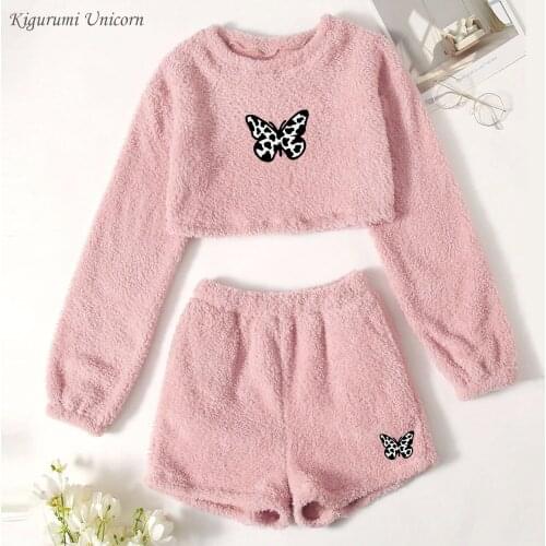 Butterfly Printing Pajama Sets Autumn Warm Soft Pink Long Sleeve O-neck Pullover Tops + Shorts Set Women Winter Suit Sexy Pijama