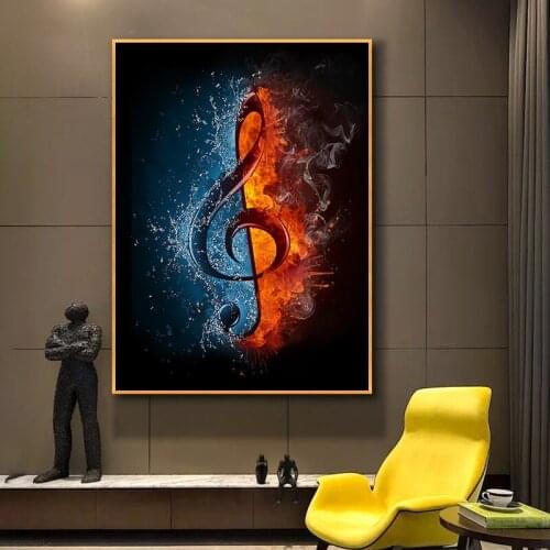 Water and Fire Guitar Musical Note Posters and Prints Modern Art Pictures Room Home Wall Decor Creative Music Canvas Painting