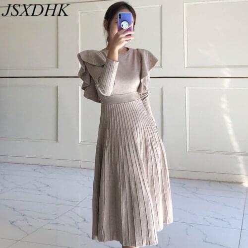 New Autumn Korean Ruffles Pleated Dress Fashion Women O Neck Knitted Long Sleeve Lace Up Bow Sweater Dress Female Midi Vestidos