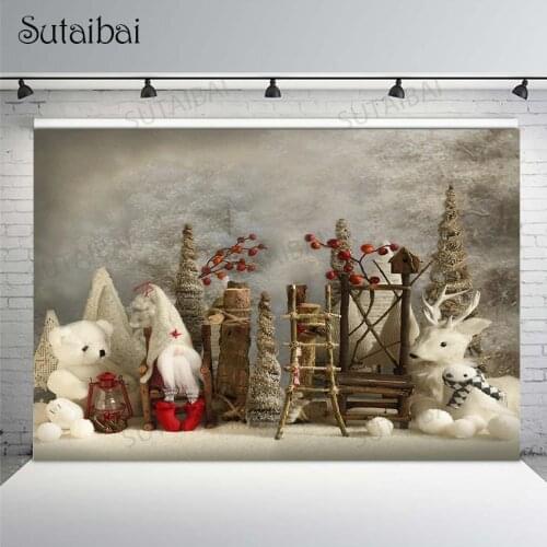 Christmas Photography Backdrops Xmas Tree Winter Bear Elk Photo Background Family Celebration Custom Banner Studio Photo Booth