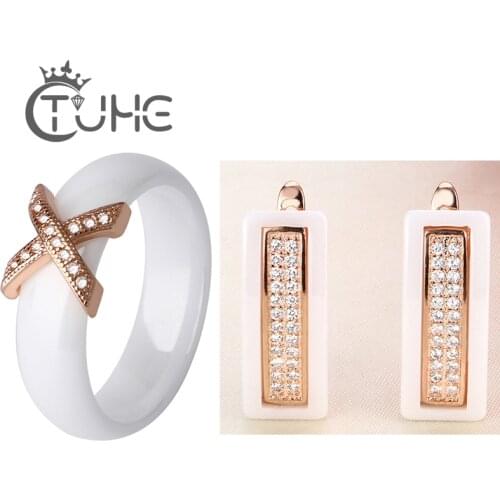 Vintage 585 Rose Gold Jewelry Sets For Women With CZ Cubic Zircon Classical Style Black White Ceramic Stud Earrings X Cross Ring