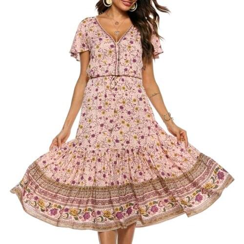 2020 women floral print long boho dress Bohemian Ladies v-neck buttons rayon summer dress casual female