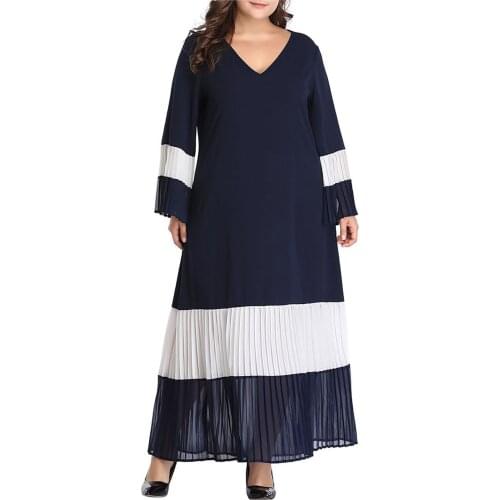 Plus Size Party Dresses For Women Party Womens Fashion Casual V-neck Splicing Pleated Large Size Long Dress Vestidos Mujer