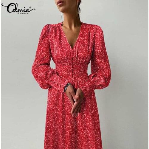 Elegant Women Single-breasted Midi Dress Celmia Vintage V Neck Puff Long Sleeve Waisted Vestidos Floral Print Female Party Robe