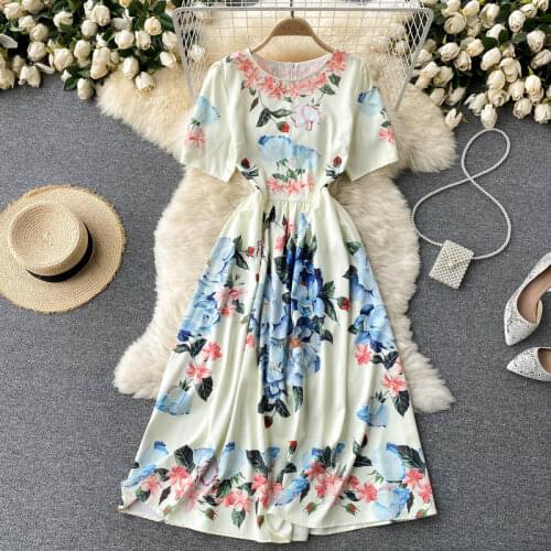 Europe Style New Fashion Summer Elegant Women O Neck Short Sleeve Retro Floral Print A Line Dress Ladies Party Dresses Vestido