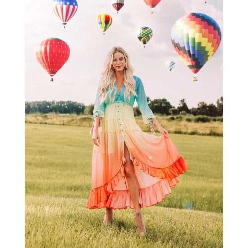 Rainbow HIGH LOW DRESS V-neck Tiered ruffle trim Summer dress holiday long beach dress 2020 chic boho dress women