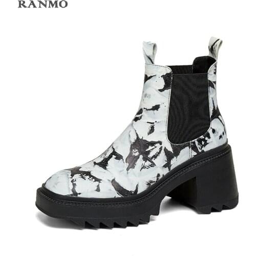 2021 Brand Platforms Women Ankle Boots Thick Heels Genuine Leather New Fashion Concise Casual Autumn Winter Shoes Woman Basic