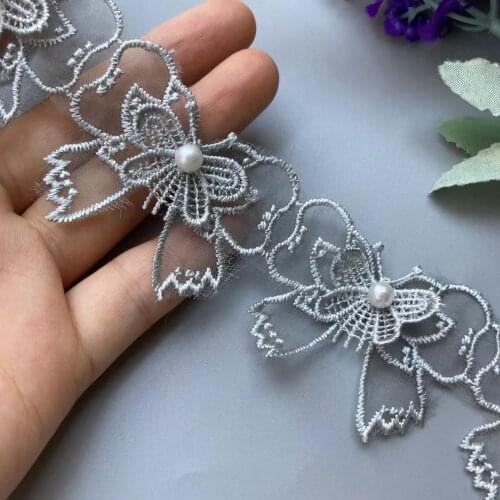 20X Grey Lace Trim Ribbon Pearl Vivid Lovely Double Layer Bowknot Embroidered Applique Fabric DIY Wedding Dress Sewing Supplie