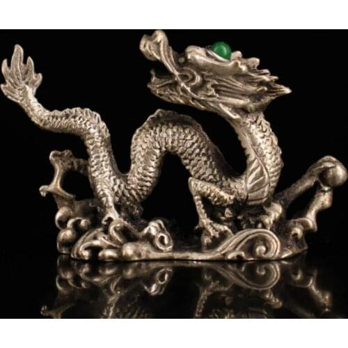 4'' tibet silver handcarved auspicious beast wealth animal dragon statue