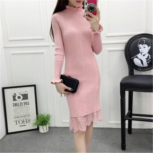2018 Medium-long thickening basic shirt long-sleeve slim lace patchwork knitted sweater one-piece winter casual dress female435