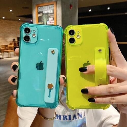 KJOEW Case For iPhone 11 Pro Max XR XS Max X 7 8 Plus 11 11Pro SE 2020 Fluorescent Color Wrist Strap Transparent Soft Back Cover
