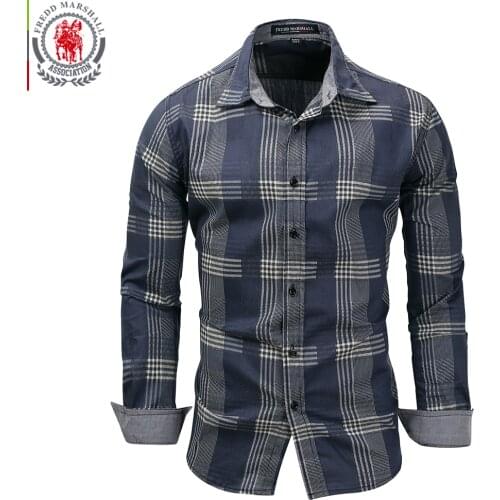 Fredd Marshall 2021 Men Long Sleeve Patchwork Plaid Denim Dress Shirt 100% Cotton Male Business Social Shirts Brand Men Clothing