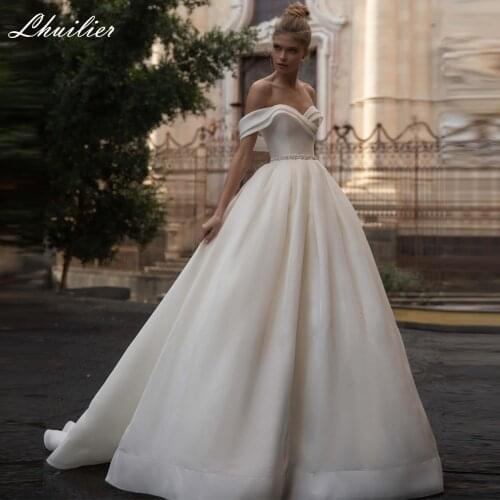 Lhuilier Elegant A-line Off the Shoulder Satin Wedding Dresses 2020 Floor Length Court Train Bridal Dress with Beading Belt