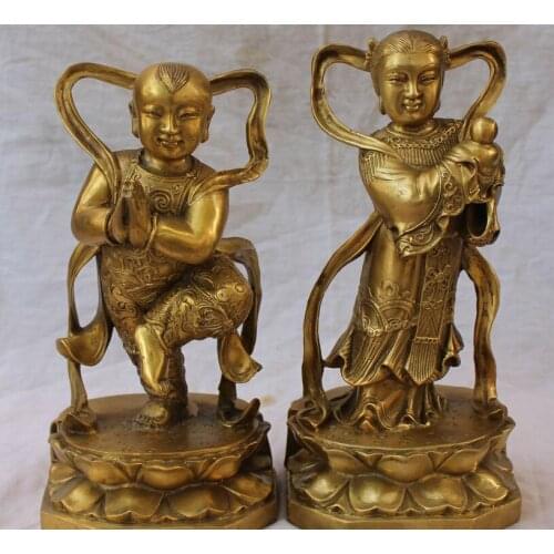 12" Chinese Bronze Dharmapalas Tongzi Tong Boy And Tong Girl On Lotus Statue