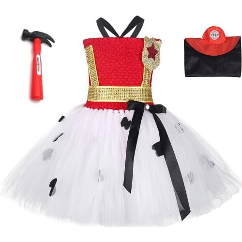 Red White Patrol Dog Girls Tutu Dress Kids Firefighter Dalmatian Marshall Halloween Cosplay Costumes Girls Birthday Party Dress
