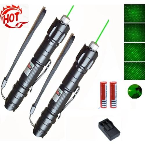 2pcs Green Red laser Laser Pen Pointer 5mw 532nm Cat Toy Military Powerful Laser Pen Adjust Focus+2x18650 Battery+ Charger