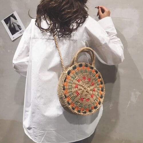 Fashion Round straw bag hand-knit contrast color beach bag large capacity literary one-shoulder crossbody woven bag