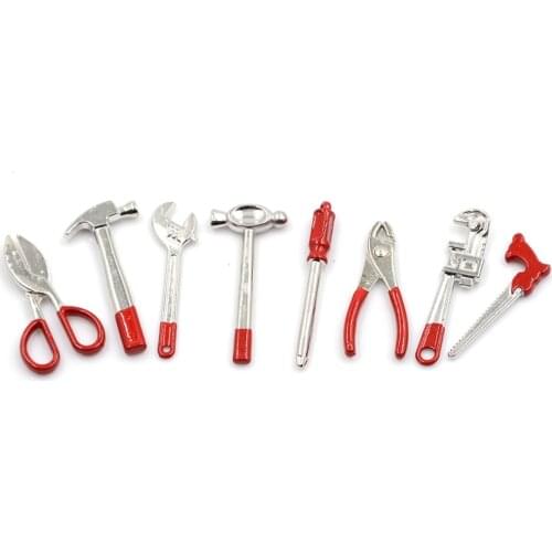 8pcs 1:12 Metal Hand Tool Set 1 Scissors/Wrench/Caliper/Screwdriver/Plier/Saw 2 Hammers 1/12 Dolls Houses Miniature