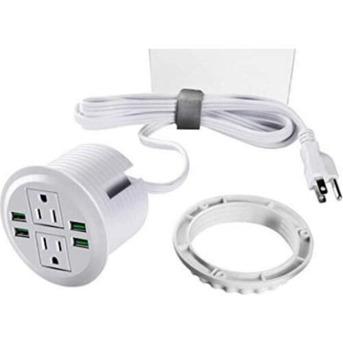 Desk socket insert the power grommet through the hole and put back the ring underneath the table, so it can fixate you grommet