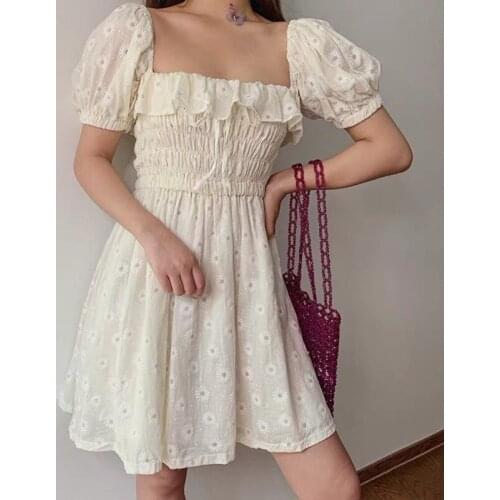 2021 New Summer Dress French Square Collar Mini Dress Bubble Sleeve Dresses A Line Vestidos Sweet Womens Korean Clothing 14957