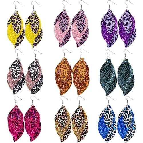 New Layered Leoaprd Glitter Feather Shaped Faux Leather Earrings Triple Color Printed Earrings