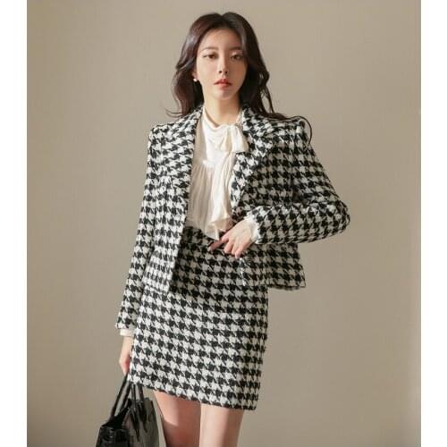 New Autumn Winter High Quality Houndstooth Tweed 2 Piece Set Long Sleeve Jacket Coat + A-line Wool Skirt Plaid Clothes Suit
