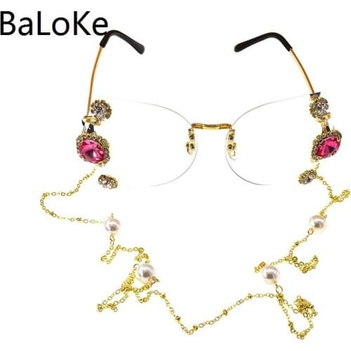 Rimless Cat Eye Sunglasses Women Trendy Fashion Ladies Cool Outdoor Transparent Lens Crystal Chain Sunglasses