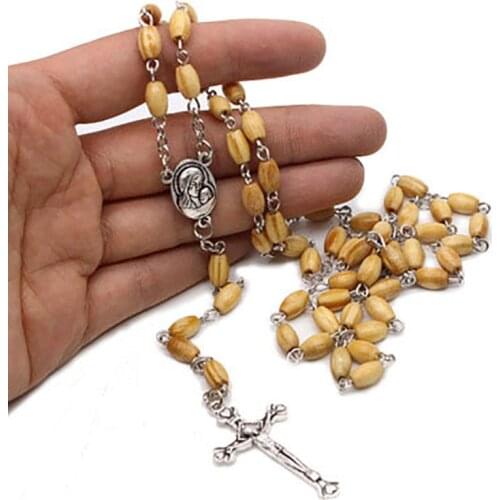 58Cm Handmade Religious Retro Round Natural Pine Wood Prayer Commemorative Gifts Rosary Beads Cross Necklace Jewelry Accessories
